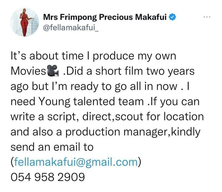 Fella Makafui Set to Produce her Movies