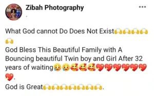 Miracles are everywhere as an old couple welcomes twins after 32 years of waiting to have the fruit of the womb.