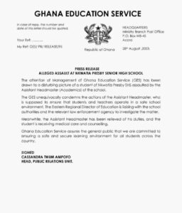 Nkwatia Presby SHS assistant headmaster who slapped student report