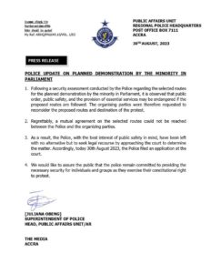 Police run to court over Minority refusal to change route for Bank of Ghana protest