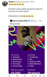 Sonnie Badu’s Spotify Wrapped gets social media talking